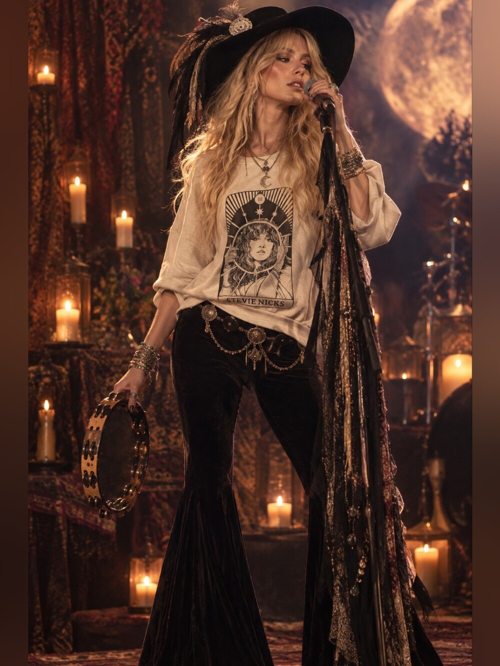 Boho Stevie Nicks Graphic Scoop-Neck Sweater in Cream